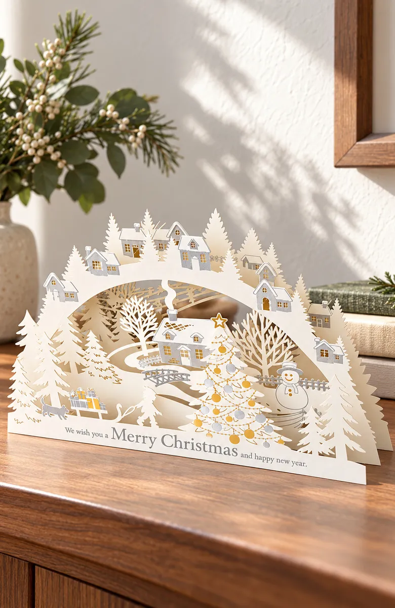 A0254 Weihnachtsbotschaftskarte mit mehrschichtigem Winterdorf