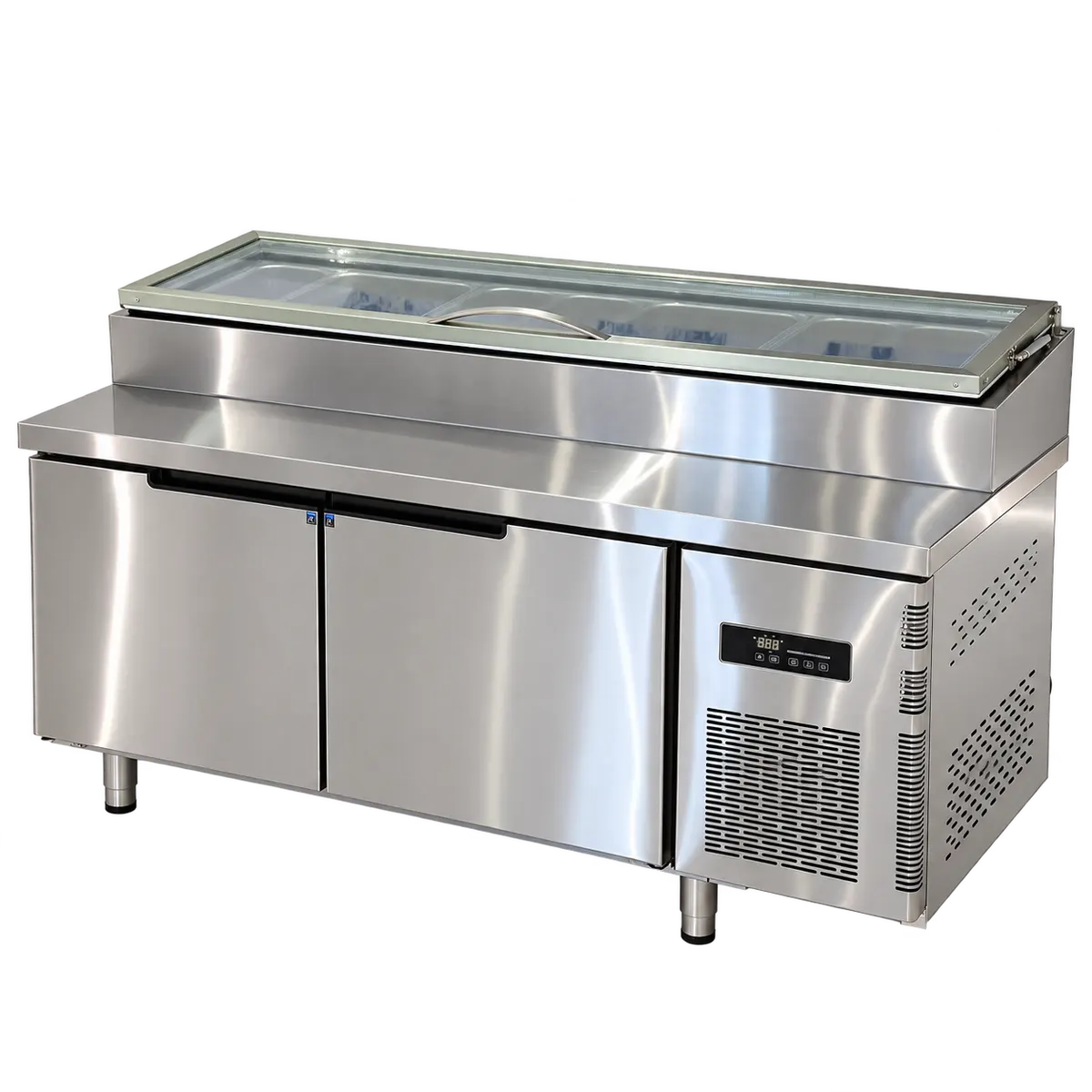 Mesa de preparación de ensalada refrigerada de dos puertas de 1,5 m