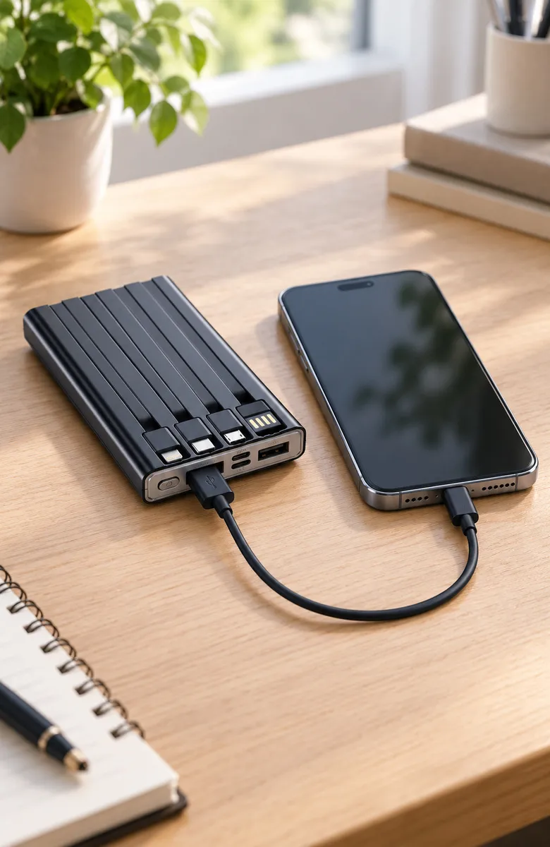 Powerbank mit vier Kabeln und digitaler Anzeige