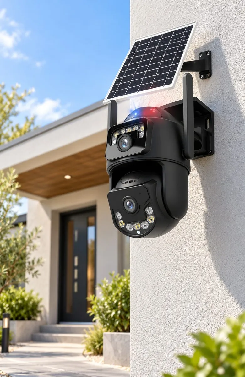 Solar-Außensicherheitskamera mit zwei Objektiven