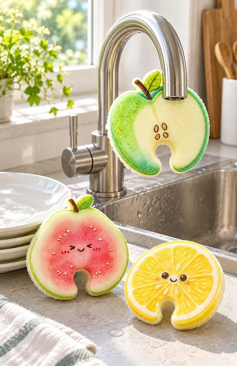 Obstförmiges, am Wasserhahn zu befestigendes Spülschwamm-Set