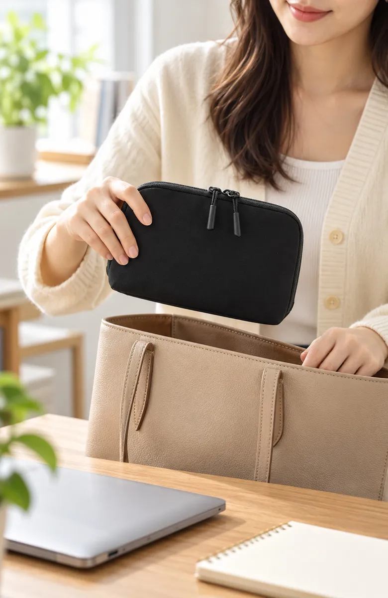 Piccolo organizer per dispositivi elettronici da viaggio in taslan