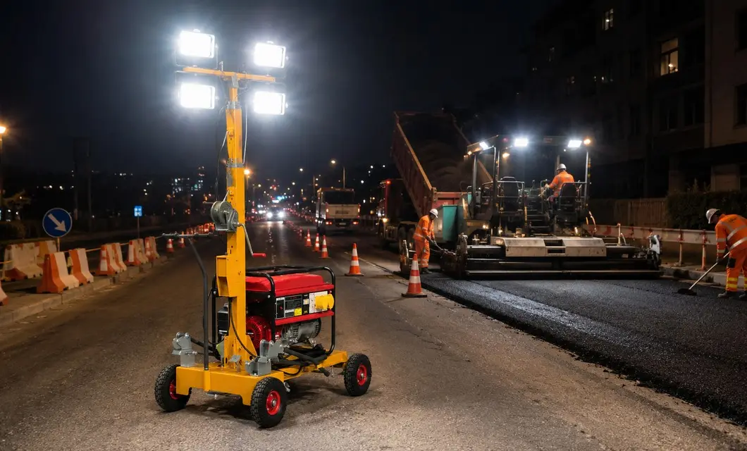 Portable four-wheel lighting supports road construction and repair.