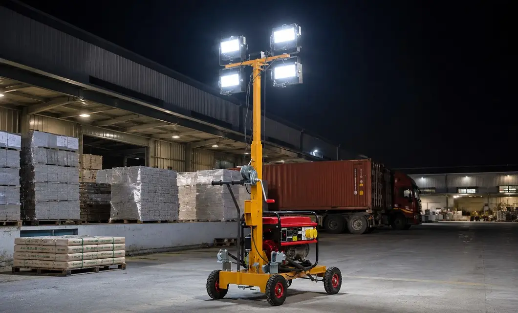 Wide-area lighting supports warehouse loading and unloading at night.