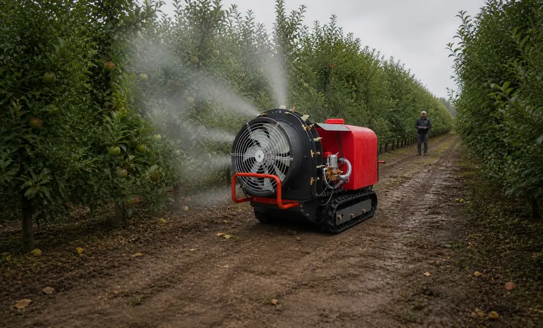Tracked sprayer covers apple orchard rows with steady mist.