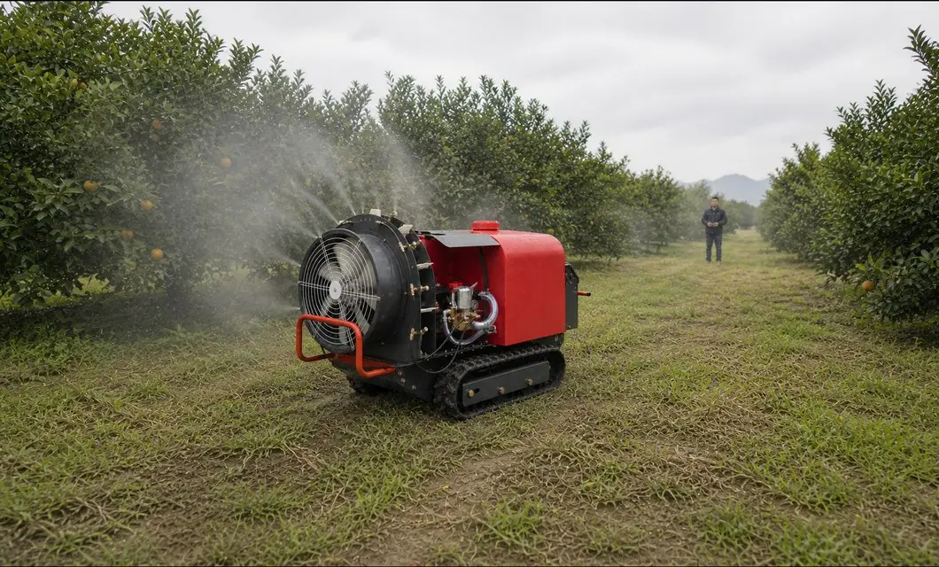 Remote unit follows citrus lanes for even foliage spray.