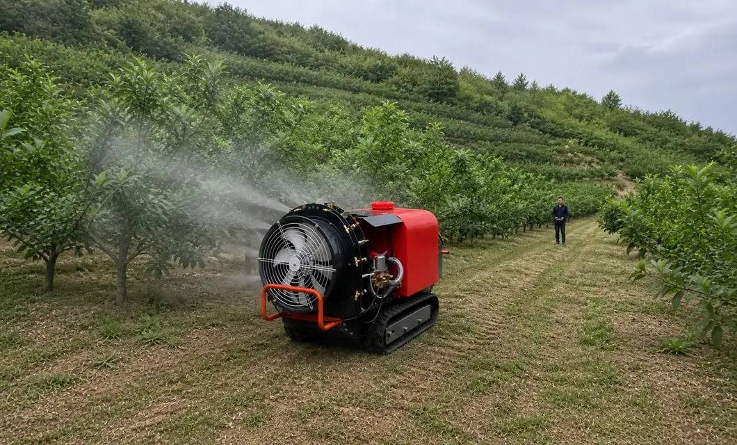 Crawler unit applies mist across sloped orchard terrain.