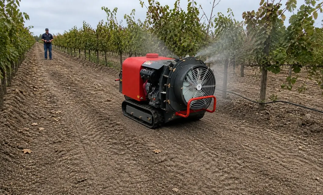 Fan-assisted spray reaches vines along narrow vineyard rows.