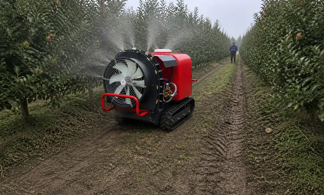 Tracked sprayer covers apple orchard rows with steady mist.