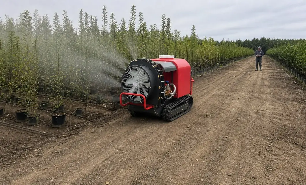 Crawler unit applies mist across uneven orchard terrain.