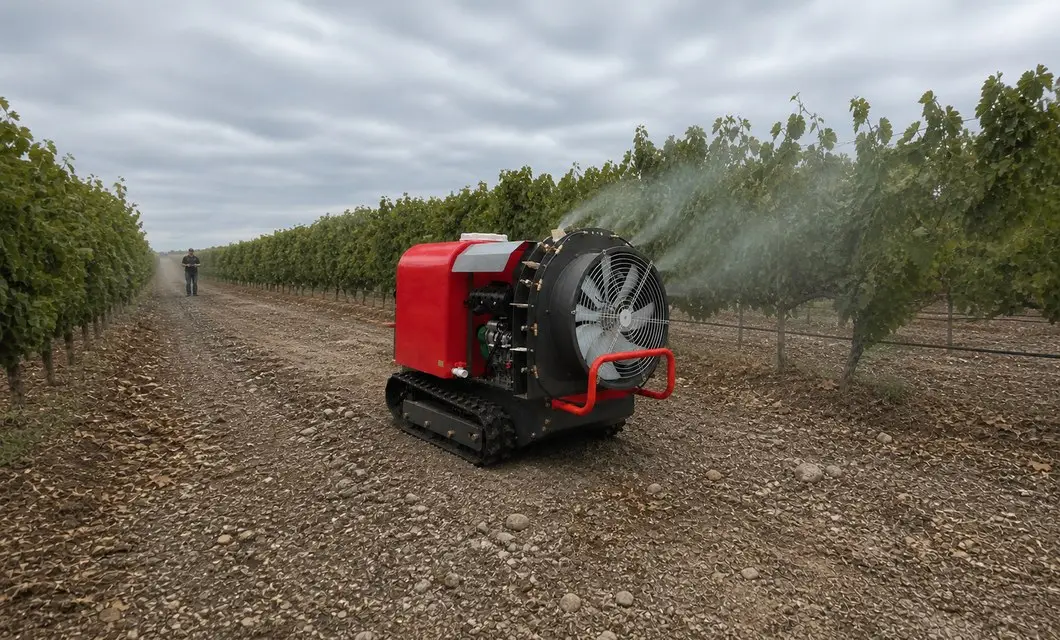 Fan-assisted spray reaches vines along narrow vineyard rows.