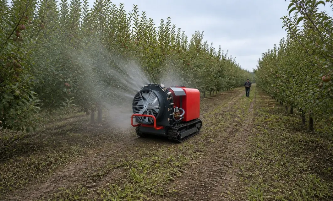 Tracked sprayer covers apple orchard rows with steady mist.
