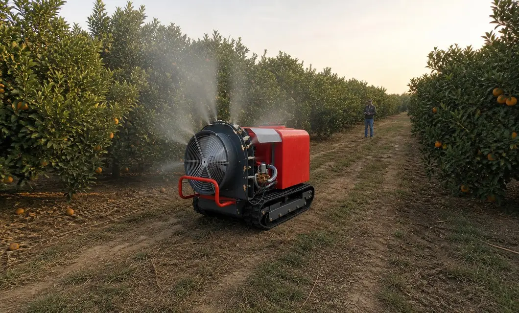 Remote unit follows citrus lanes for even foliage spray.