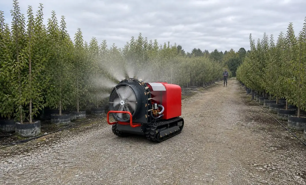 Crawler unit applies mist across nursery growing beds.