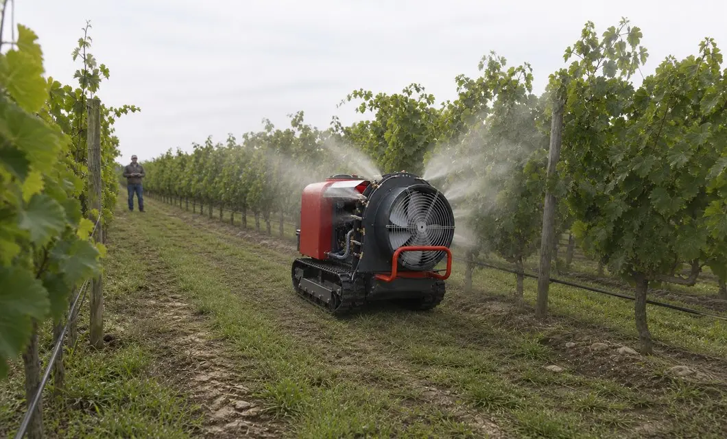 Fan-assisted spray reaches vines along narrow vineyard rows.