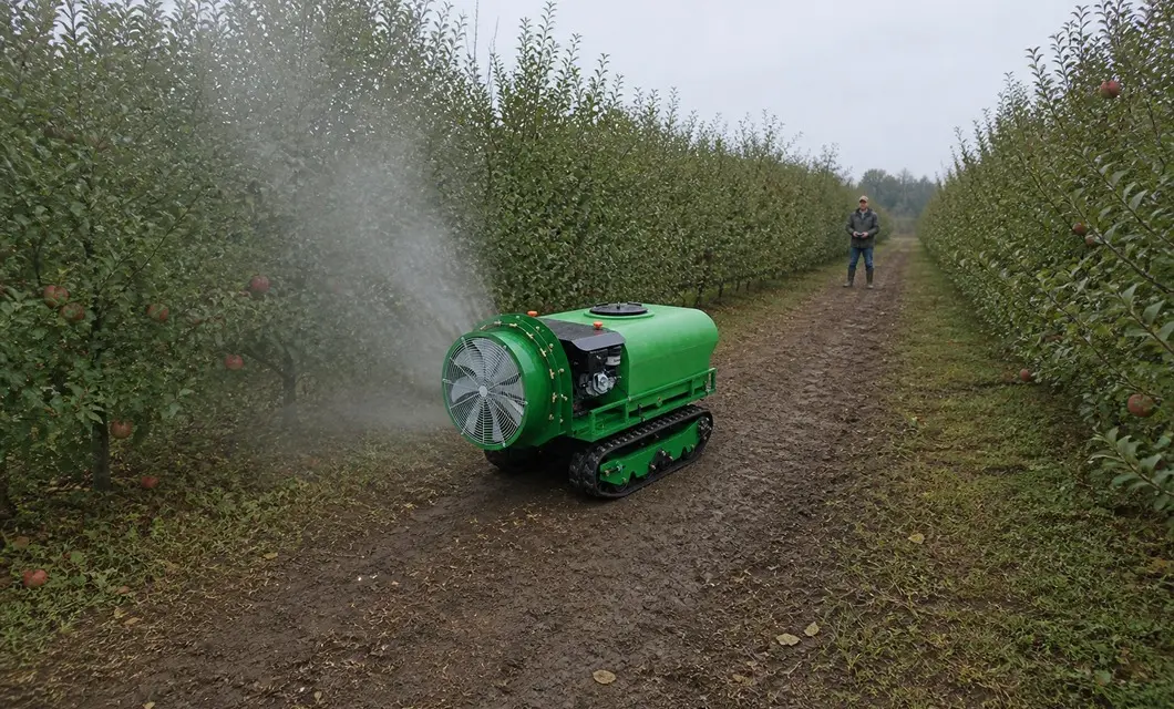 Wind-assisted mist covers apple trees along orchard rows.