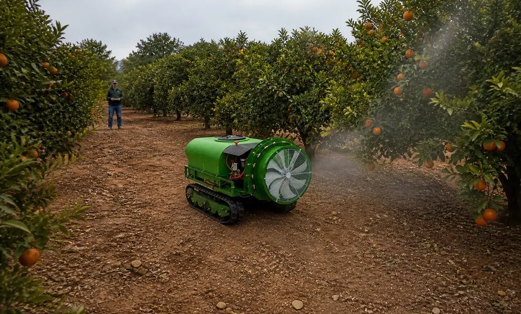 Tracked sprayer applies even mist across citrus grove lanes.