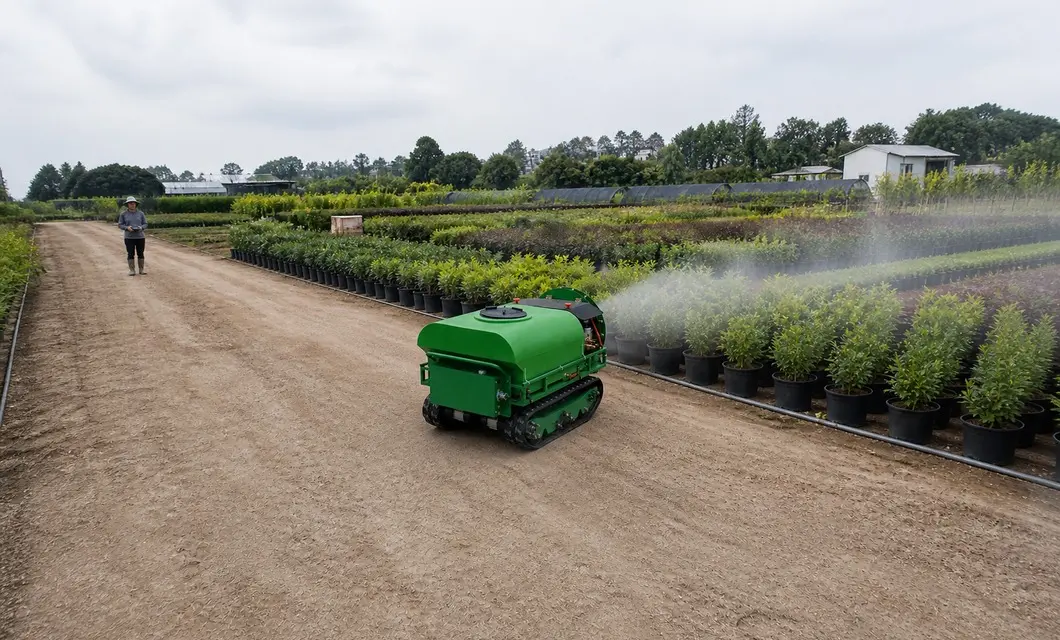 Fine spray protects nursery plants across organized beds.