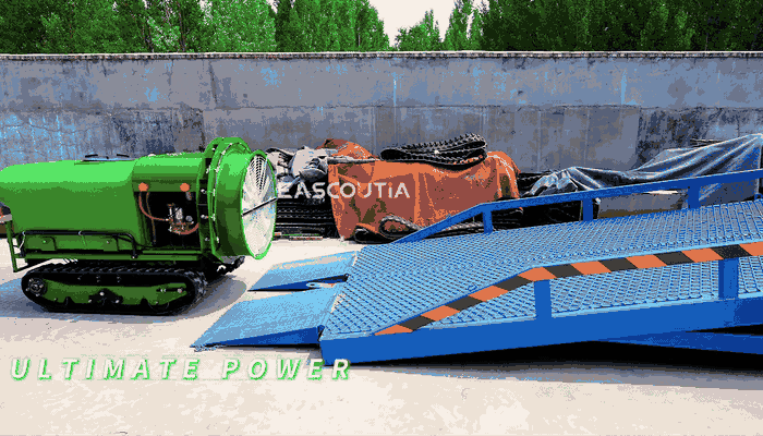 The tracked chassis climbs the ramp steadily, maintaining coordinated movement and a balanced machine posture across changing ground.