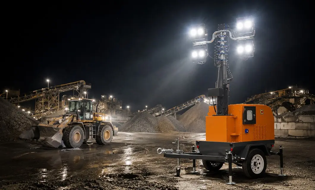 Portable generator lighting supports safe work in mine stockyards at night.