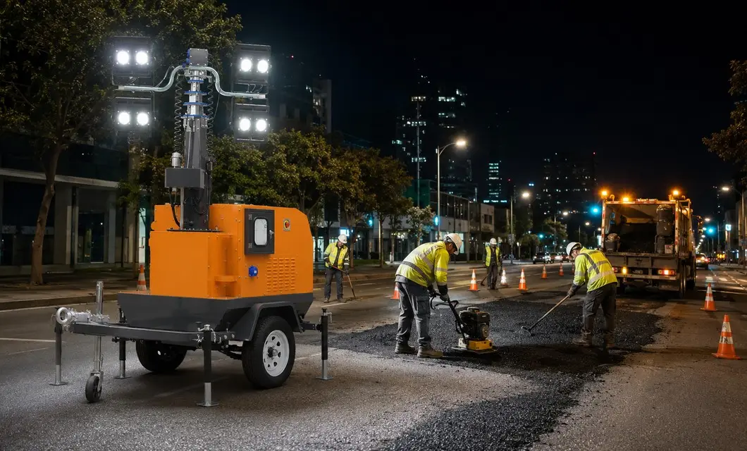 Mobile mast lighting supports road repair and traffic work after dark.