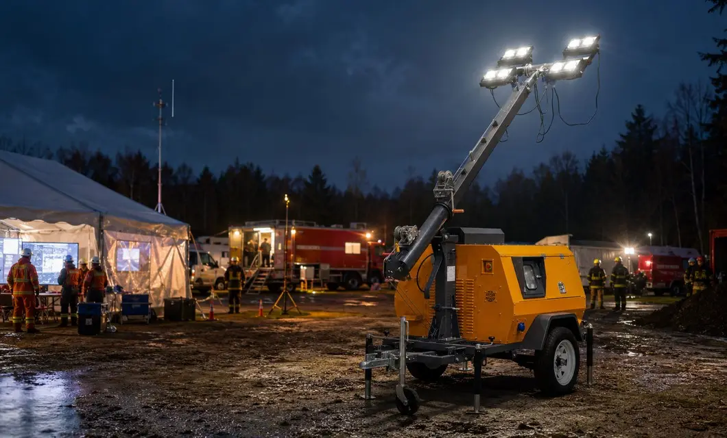Portable generator lighting helps illuminate emergency response and rescue sites.