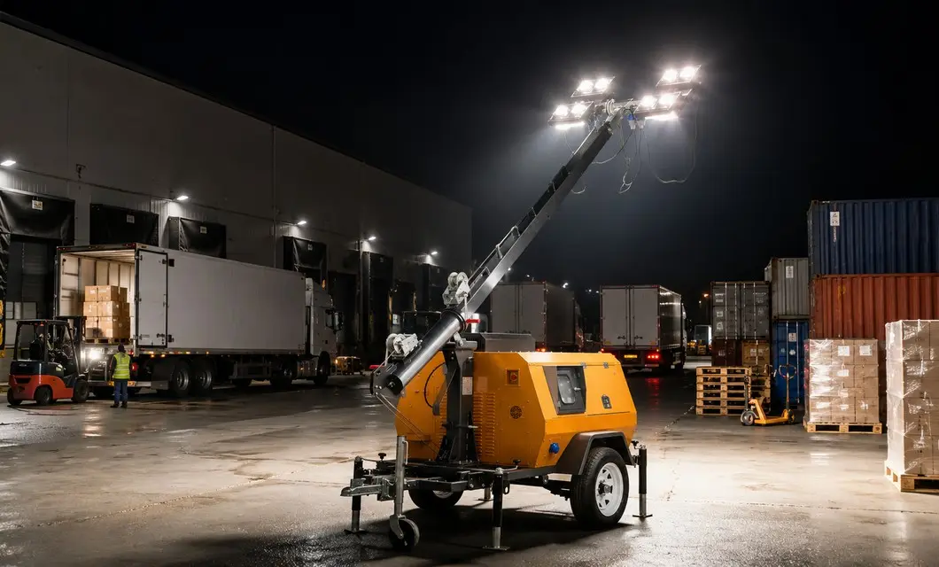 Wide-area lighting supports night loading, unloading, and movement in logistics yards.