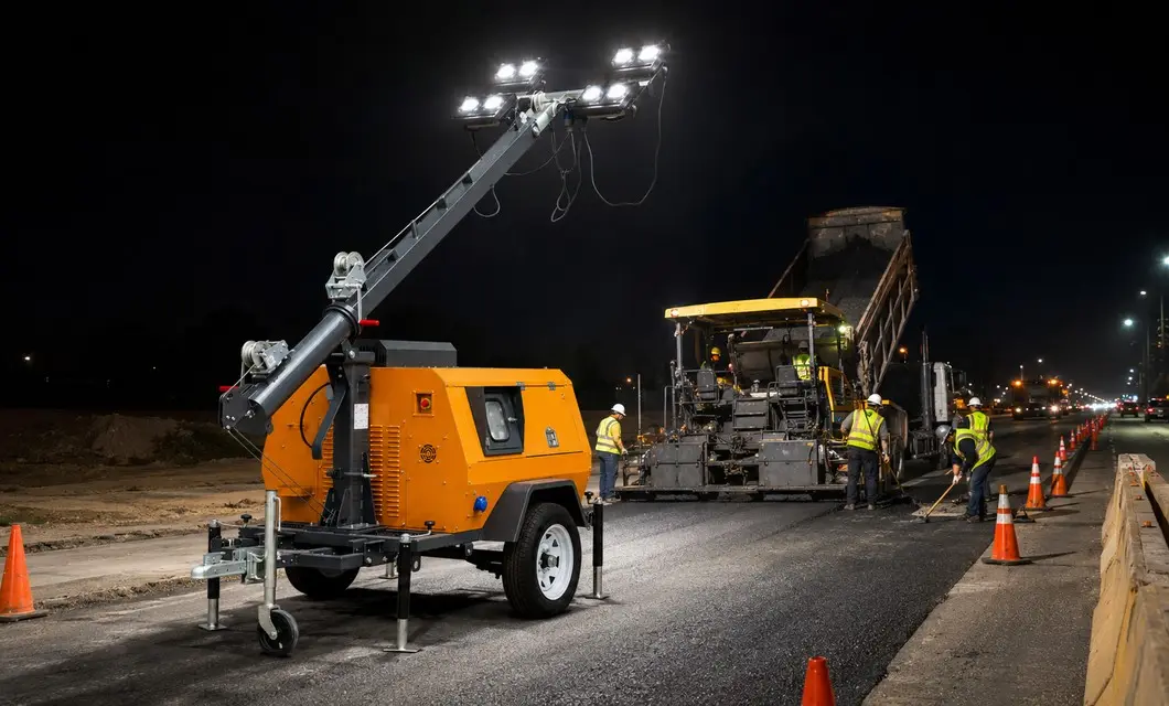 Mobile mast lighting supports road construction, repair, and traffic work at night.