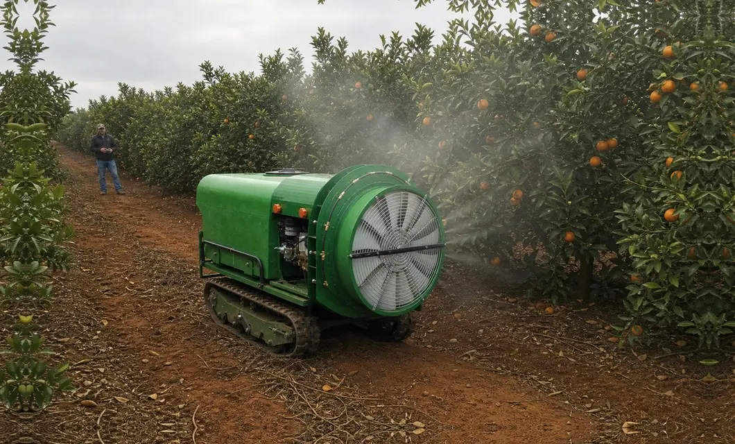 Wind-assisted mist reaches apple canopies across broad orchard rows.