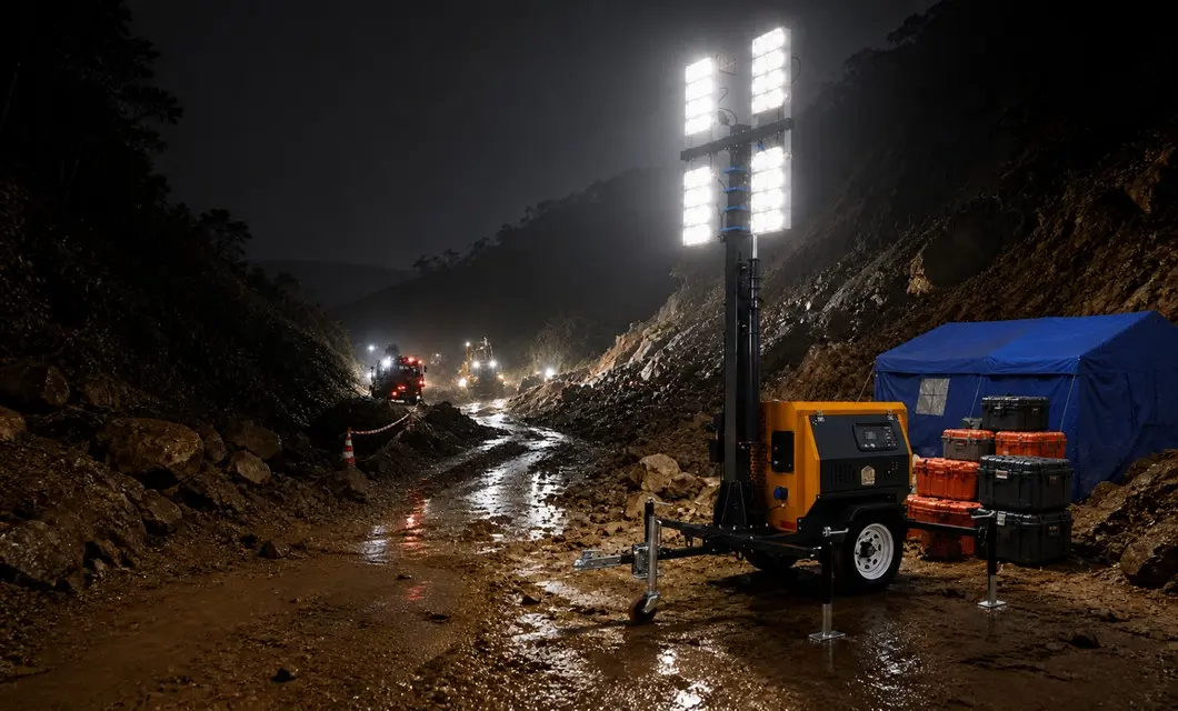 Elevated mobile lighting for disaster rescue and emergency response work.