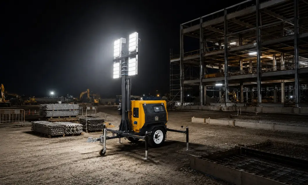 Powered mast lighting for nighttime construction and site access.