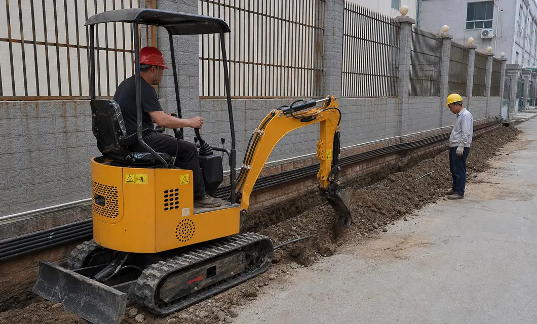 Zanjas de utilidad al lado de los sitios de trabajo activos con la JH-10 excavadora compacta
