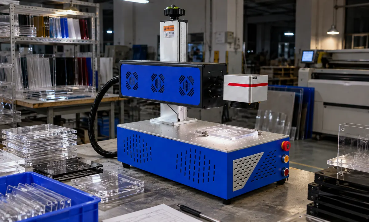 Acrylic or suitable plastic components are arranged beneath the marking head for product identification or surface marking in a production workshop