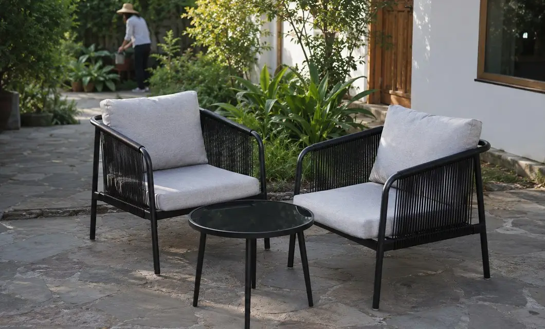 Airy Patio Conversation Area with Light Rope Chairs