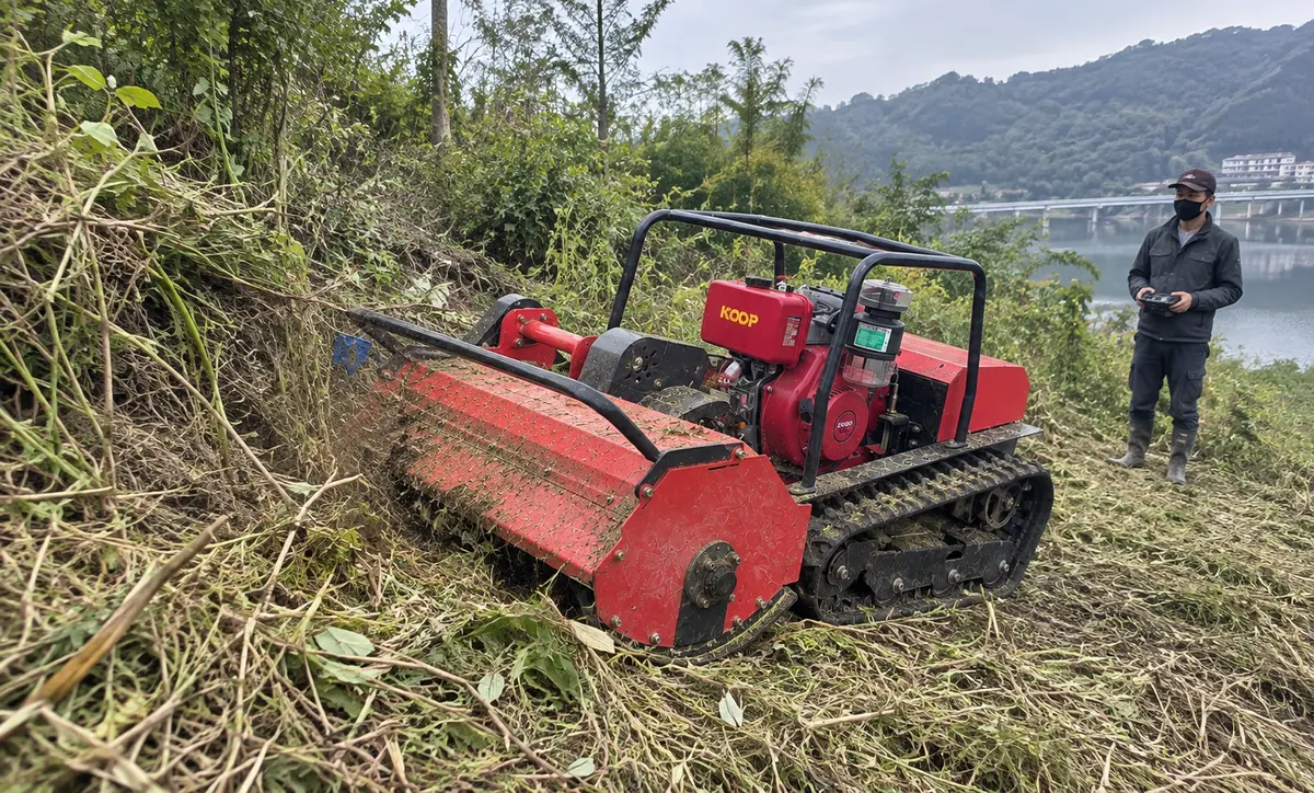 An operator controls the mower safely from a clear working distance.