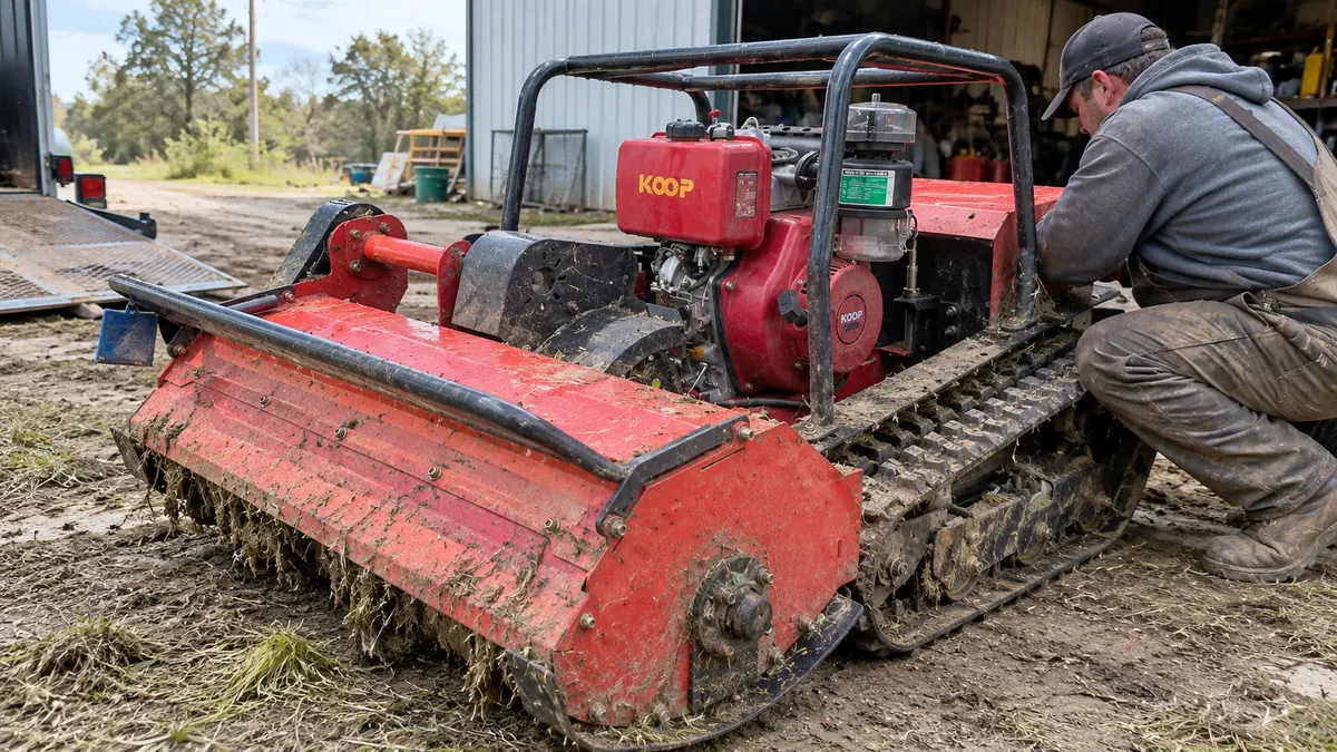 A technician inspects the tracked mower after extended outdoor use.