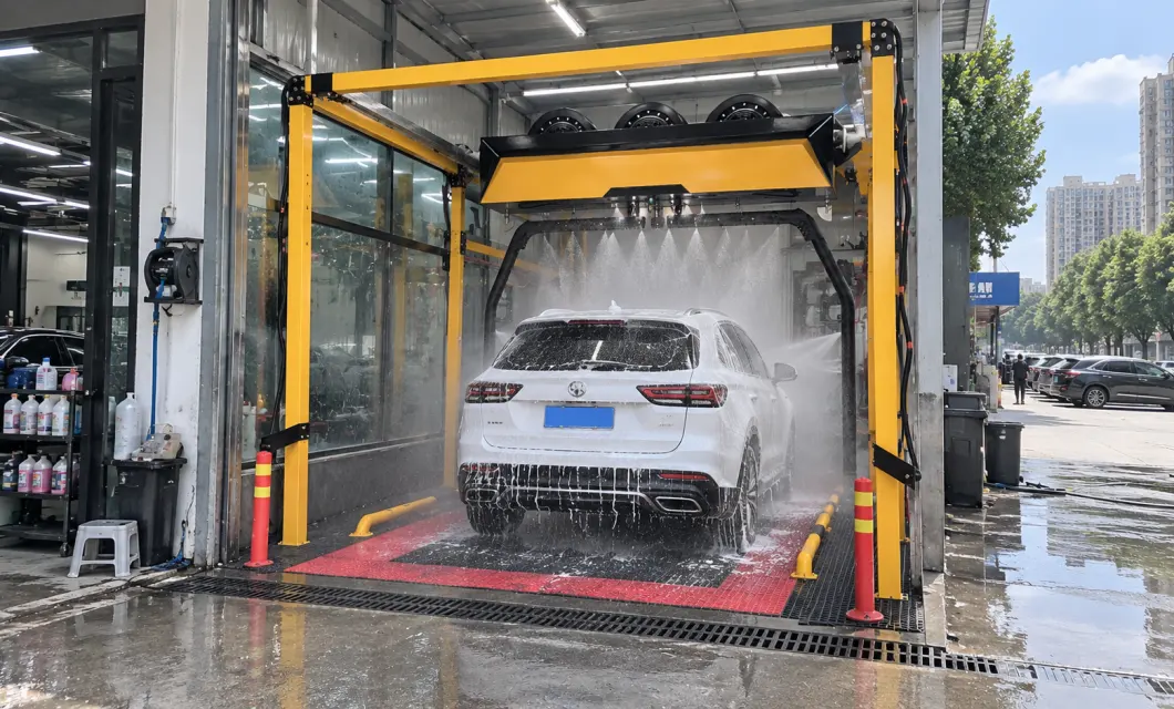 Automatic high-pressure washing for passenger vehicles in a dedicated commercial wash area.