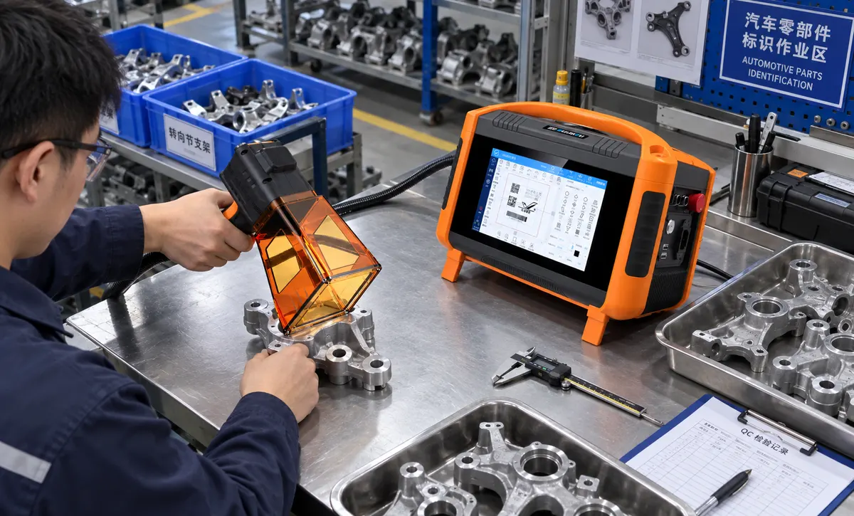 Automotive components are positioned for identification marking with the handheld head placed directly at the accessible marking area