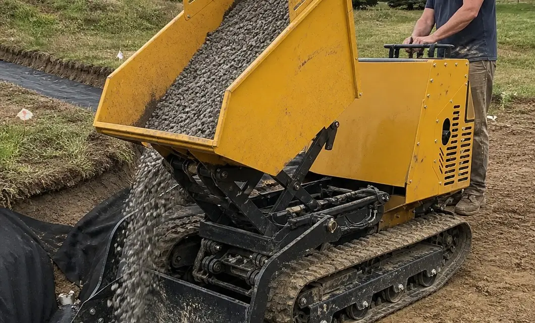 Gravel dumping beside drainage trenches for fill