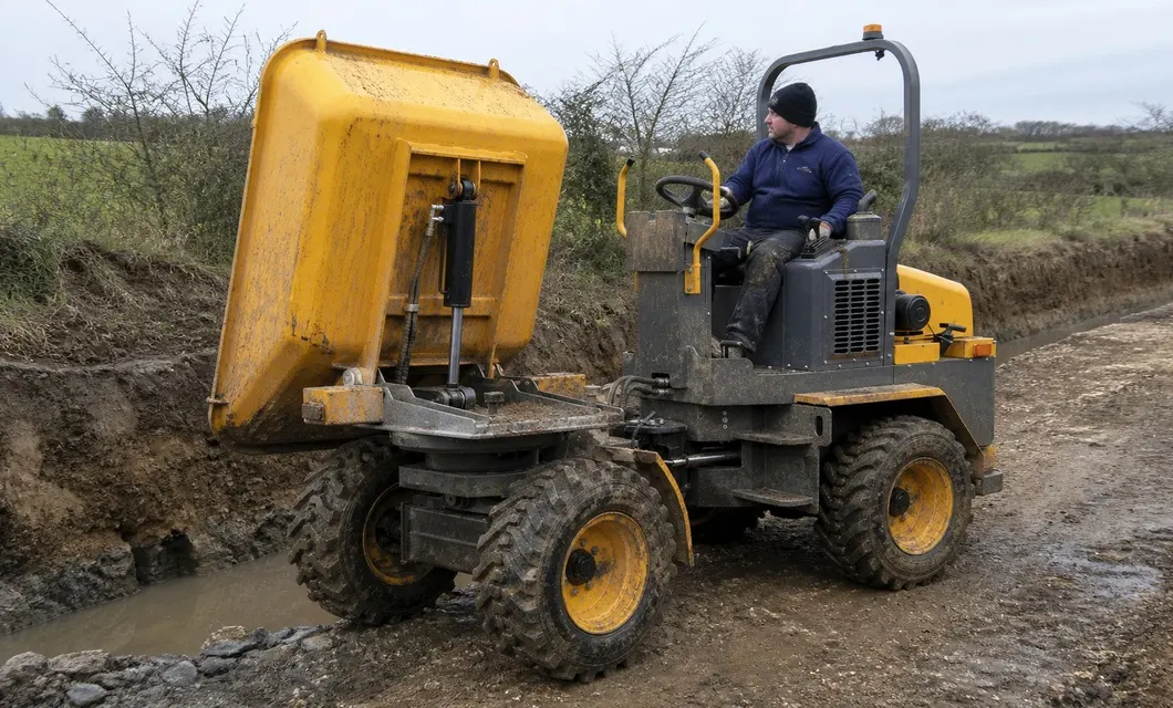 Farm drainage fill transport beside working ditches and wet ground