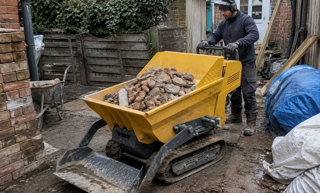 Backyard rubble hauling through tight renovation paths and gates