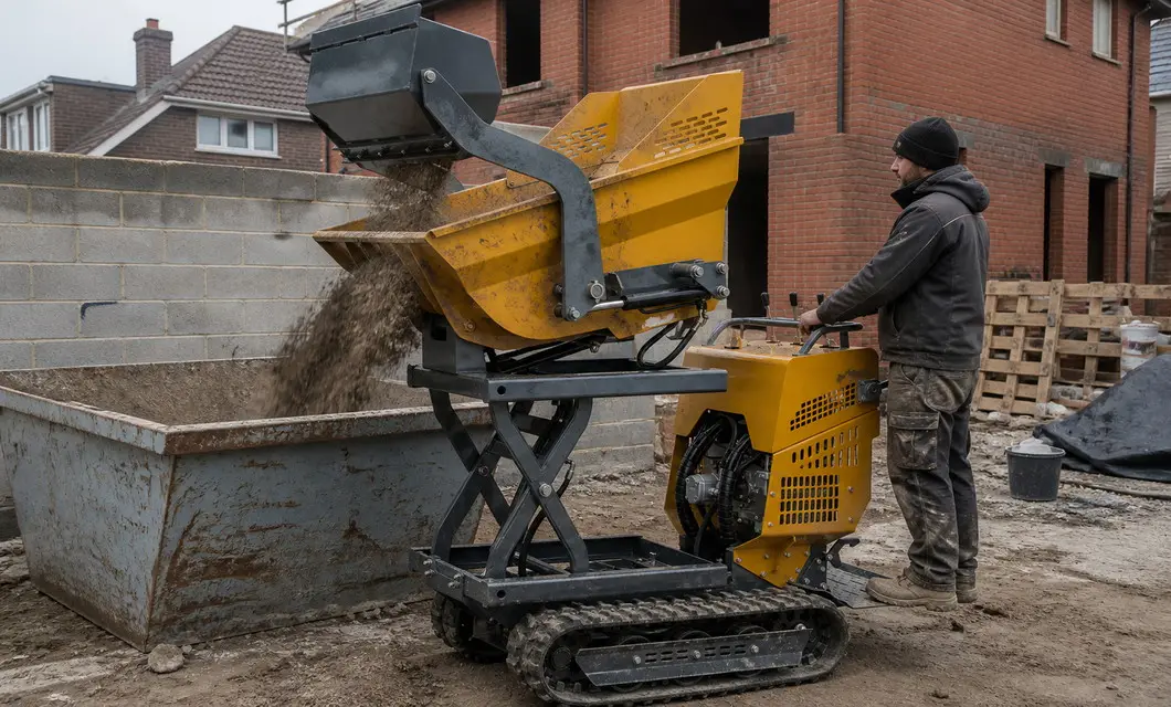 Raised skip loading for elevated discharge on compact construction sites