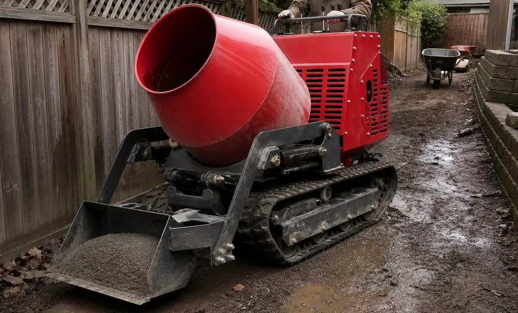 Backyard base mixing and gravel transfer through muddy access routes
