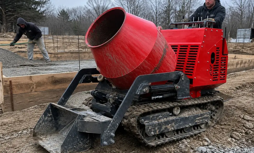 Foundation mixing beside rough timber forms on compact construction sites
