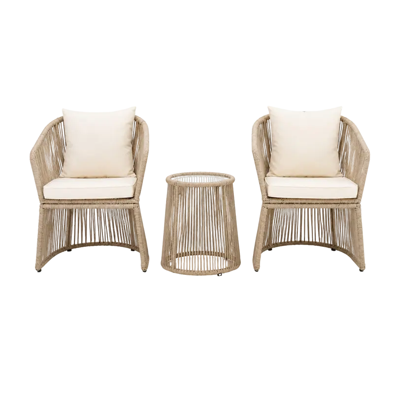 Bucket-shaped rope-woven outdoor leisure table and chair three-piece set