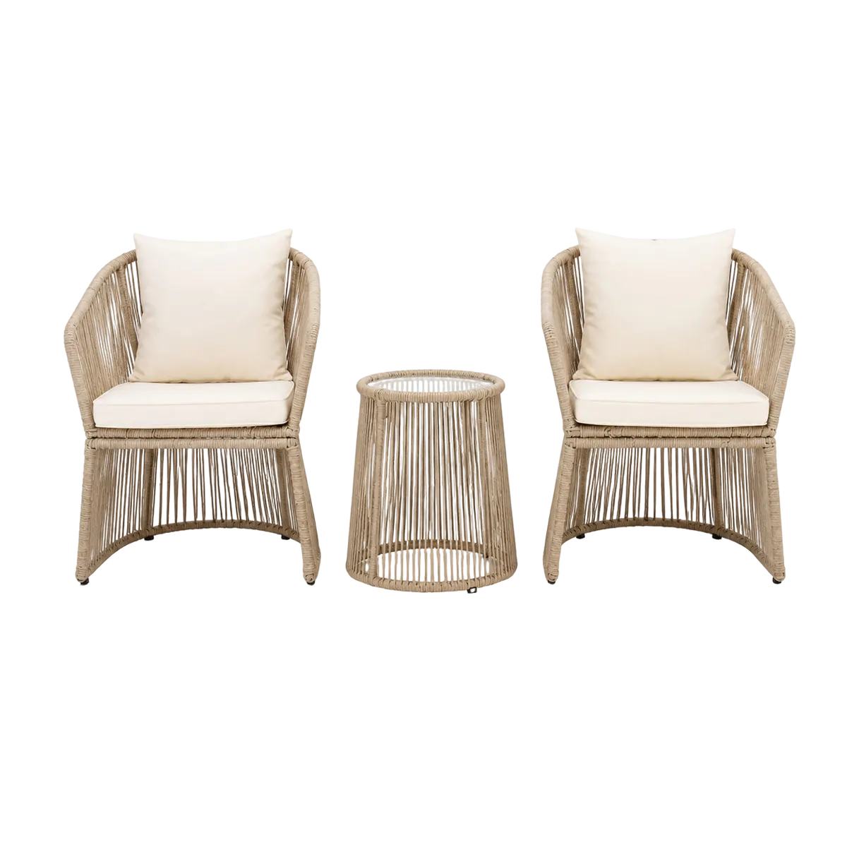 Bucket-shaped rope-woven outdoor leisure table and chair three-piece set