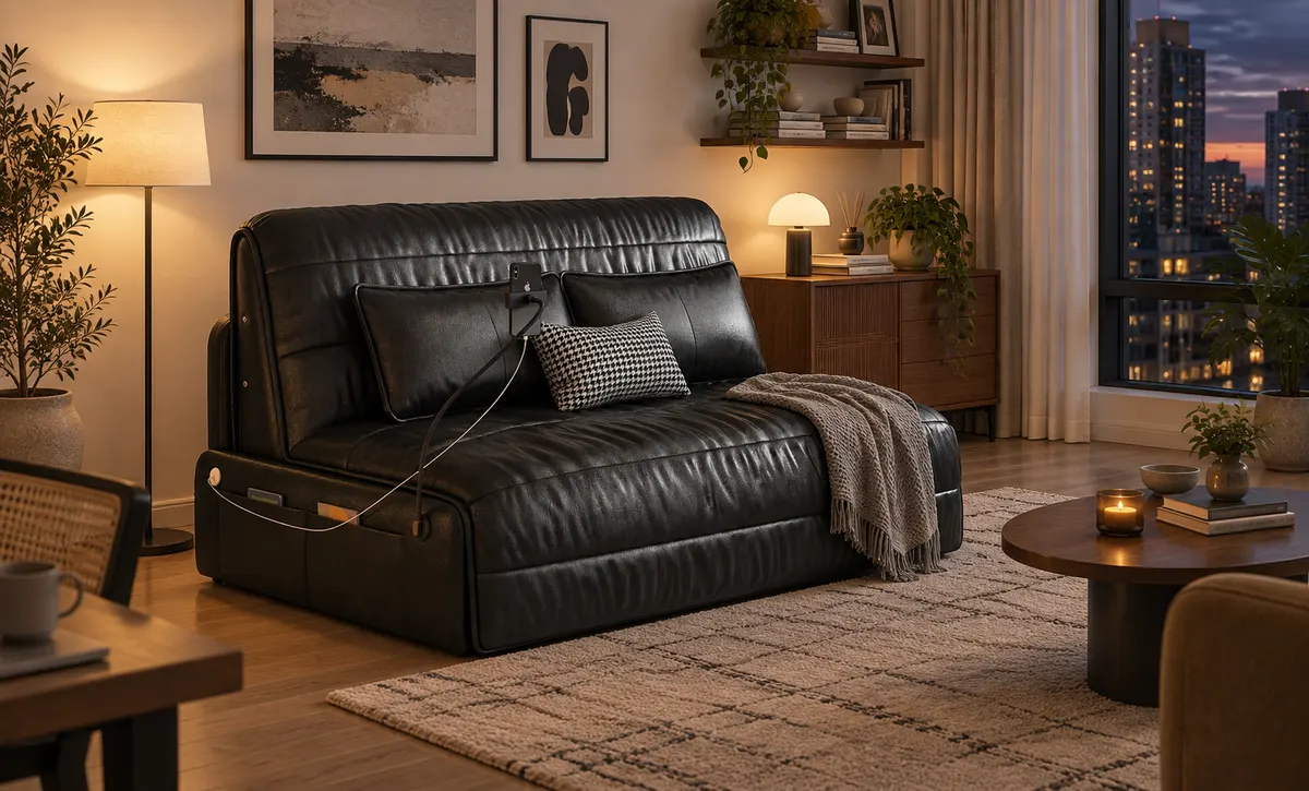 Schwarzes Leder Cabrio Sofa Wohnzimmer Szene