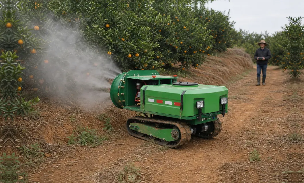 Tracked sprayer applies even mist across citrus grove lanes.