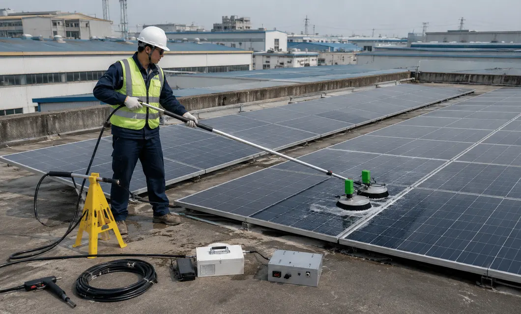 Kommerzielle Solarpanel-Reinigung auf dem Dach in Fabrik bereichen