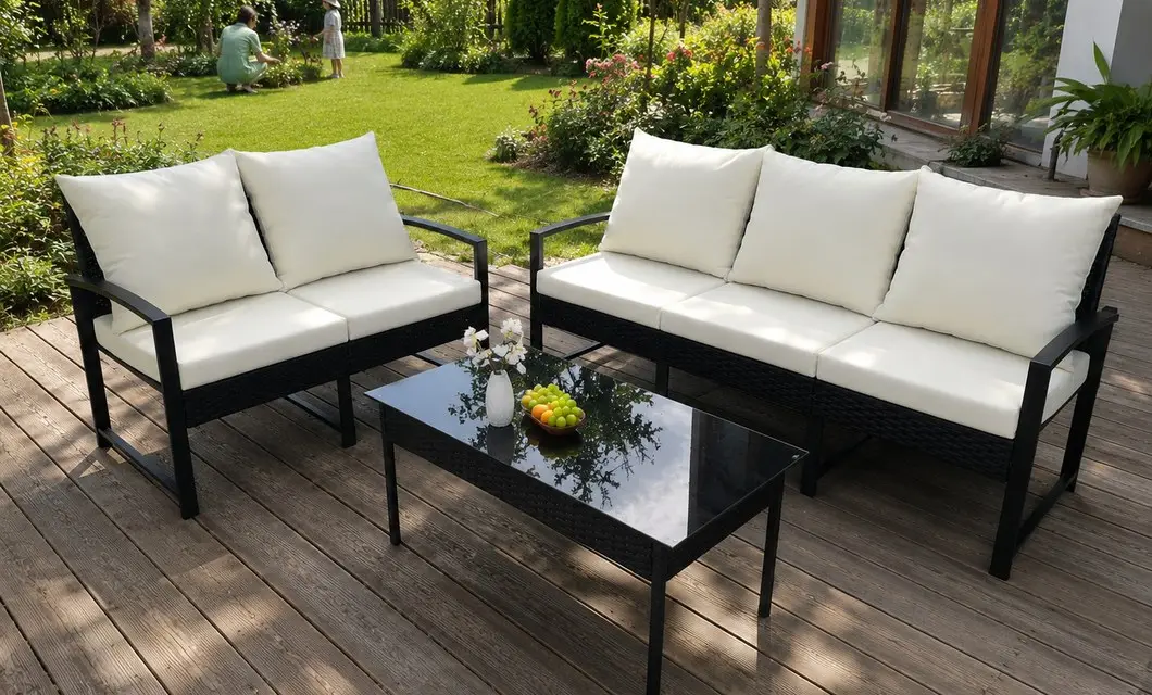 Modern garden patio seating for coordinated outdoor lounging, dining, and conversation.
